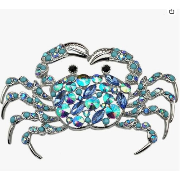 Silver Blue Rhinestone Crab Black Eyes Beach Brooch Pin - Picture 2 of 6